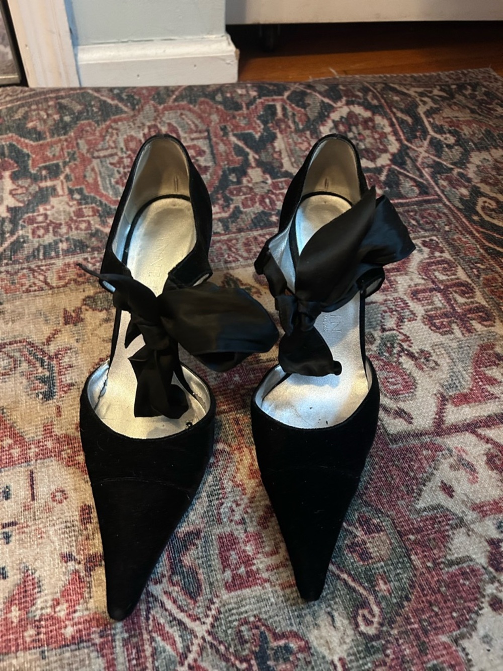 Anne Klein Black Pointed-Toe Heels with Satin Ankle Tie